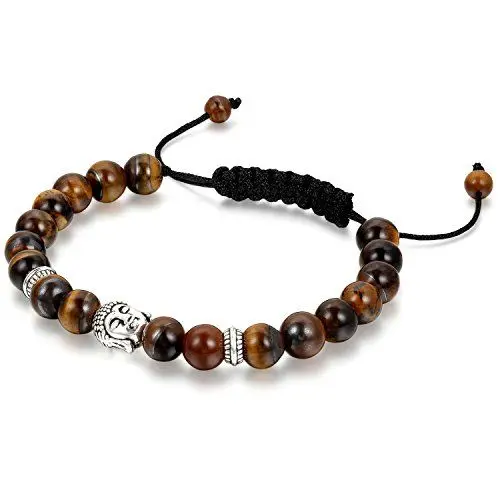 Produktbild: Flongo Legierung Energiearmband Energie Armband Link EnergieStein Tiger-Auge Braun Silber Buddha Gebet Mala Kugel Perlen Verstellbaren Größen Herren,Damen