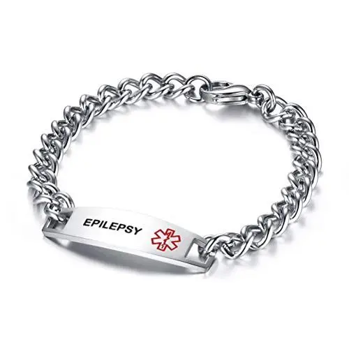 Produktbild: Flongo SOS Damen Medical Armband Männer Armreif, Edelstahl Armkette Kette Panzerkette Silber Krankheit Medical Alert ID Notfall Medizinische Marke Herren-Accessoires Epilepsy