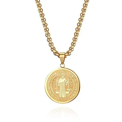 Produktbild: Flongo Saint benedict medaille Halskette gold golden st benedikt medals Kette st. Heiliger necklace Edelstahl Anhänger Retro Medallion für Damen Herren