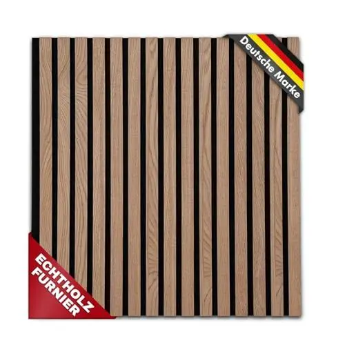 Produktbild: Floordirekt 3D Akustikpaneele, Wandpaneele mit Echtholzfurnier für eine angenehme Raumakustik, Lamellenwand Holz und Filz, Wandverkleidung als Schallschutz, Schalldämmung (Red Oak (60 x 60 cm))