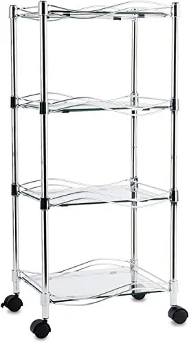 Produktbild: Floordirekt Glasregal Luna | 4 Ebenen mit Rollen | Ablageflächen aus Sicherheitsglas | Rollregal für Badezimmer, Wohnzimmer oder Küche (40 x 30 x 89 cm)