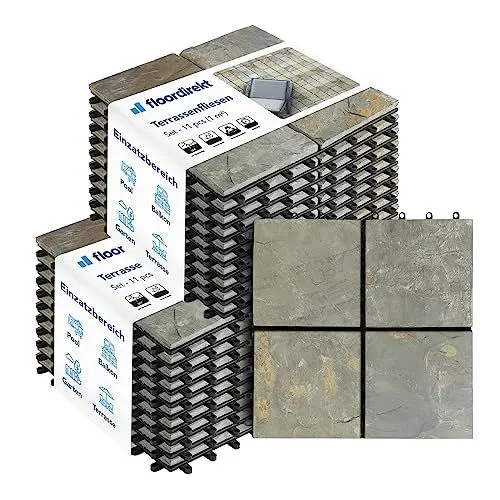 Produktbild: Floordirekt Naturstein Schiefer Fliesen 30x30 cm, 2m² = 22 Terrassenfliesen, Klickfliesen, Balkonfliesen - Bodenbelag für Balkon & Terrasse - wetterfest mit Drainagefunktion | rostiger Schiefer