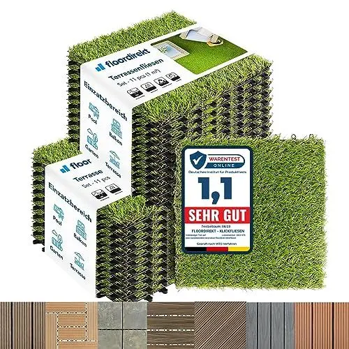 Produktbild: Floordirekt Rasen Klickfliesen 30x30 cm, 2m² = 22 Terrassenfliesen, Balkonfliesen - Bodenbelag für Balkon & Terrasse - wetterfest mit Drainagefunktion | Grass