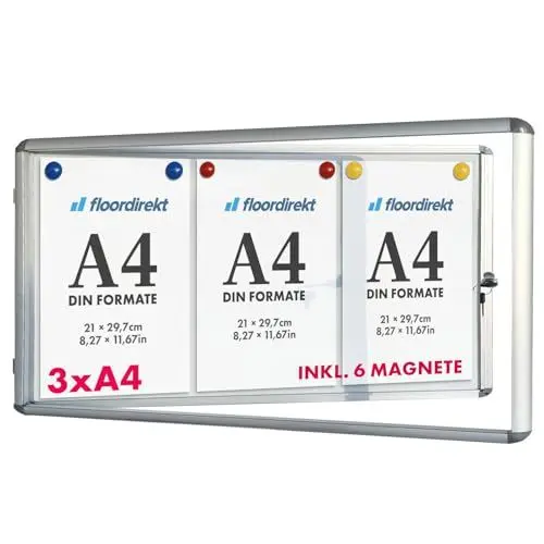 Produktbild: Floordirekt Schaukasten 3xA4 inkl. 6 Magnete Infokasten Aushang Aushangkasten Magnetische & beschreibbare Rückwand Plakatschaukasten mit Alurahmen & Acrylglas