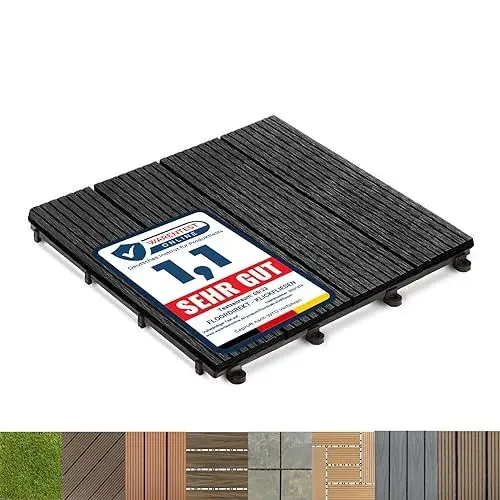 Produktbild: Floordirekt WPC Fliesen 30x30 cm, 1 Stück = 0,09m² Terrassenfliesen, Klickfliesen, Balkonfliesen in Holzoptik - Bodenbelag für Balkon & Terrasse - wetterfest mit Drainagefunktion | Anthrazit | Royal