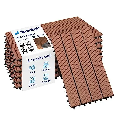 Produktbild: Floordirekt WPC Fliesen 60x30 cm, 1m² = 6 Terrassenfliesen, Klickfliesen, Balkonfliesen in Holzoptik - Bodenbelag für Balkon & Terrasse - wetterfest mit Drainagefunktion | Hellbraun | Royal