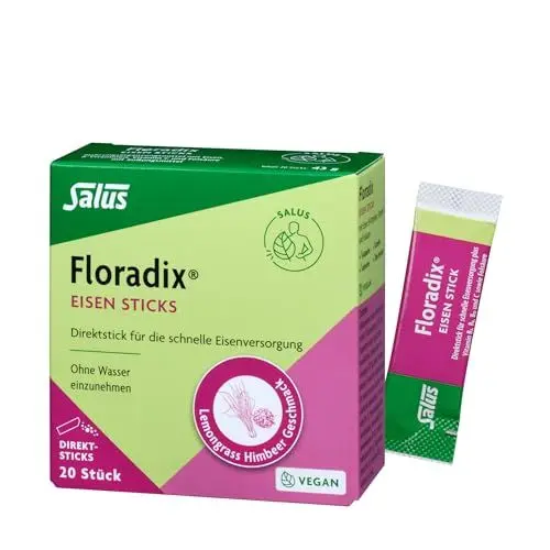 Produktbild: Floradix Sticks – Direktsticks für die schnelle Eisenversorgung – 1x 20 Satchets (43 g) – mit Eisen, B-Vitaminen, Vitamin C und Folsäure – Lemongrass Himbeer Geschmack - vegan