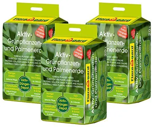 Produktbild: Floragard Aktiv-Grünpflanzen- und Palmenerde 3x20 L • Spezialerde für Palmen, Farne, Ficus, andere Grün- und Zimmerpflanzen • mit 3-Monate-Langzeitdünger • zum Topfen und Umtopfen • 60 L
