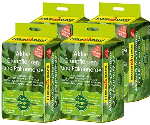 Produktbild: Floragard Aktiv-Grünpflanzen- und Palmenerde 4x20 L • Spezialerde für Palmen, Farne, Ficus, andere Grün- und Zimmerpflanzen • mit 3-Monate-Langzeitdünger • zum Topfen und Umtopfen • 80 L