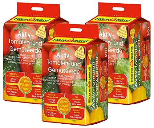 Produktbild: Floragard Aktiv-Tomaten- und Gemüseerde 3x20 L • hochwertige Spezialerde • mit 6-Monate-Langzeitdünger • für Tomaten, Chili, Zucchini, Gurken und anderes Gemüse • 60 L