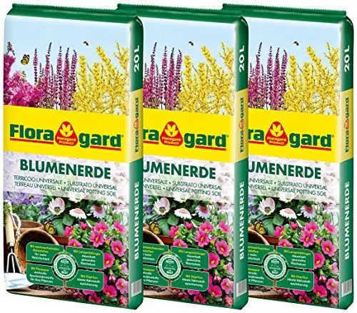 Produktbild: Floragard Blumenerde 3x20 L - Universalerde für Zimmer-, Balkon- und Kübelpflanzen - mit Ton und Langzeitdünger - 60 Liter