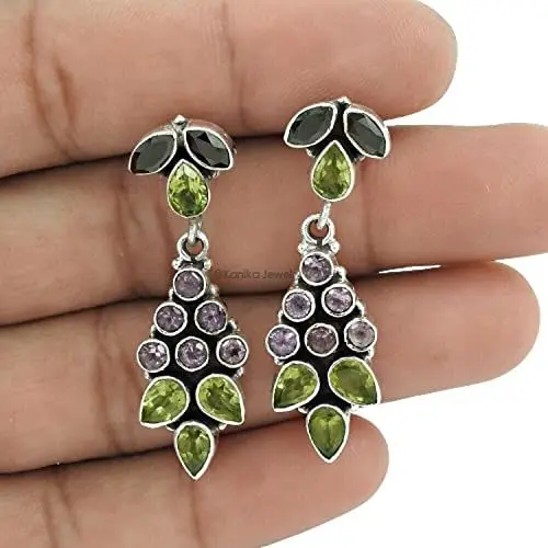 Produktbild: Floral 925 Sterling Silber Peridot, Amethyst, schwarzer Onyx Multi-Edelstein-Schmetterlings-Ohrringe für Damen