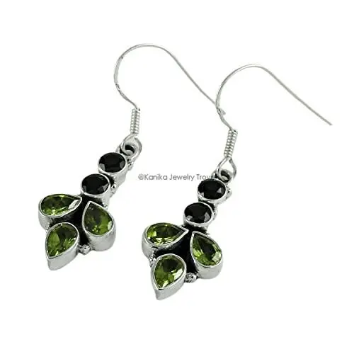 Produktbild: Floral Drop 925 Sterling Silber Peridot & Black Onyx Dangle Hook Ohrringe für Damen