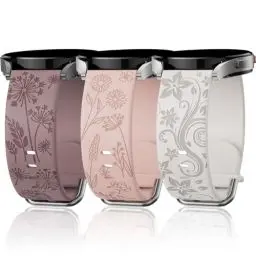 Produktbild: Floral Gravierte Armband Kompatibel mit Samsung Galaxy Watch 7/ FE/ 6/5/ 4/ Active 2 40mm 44mm/ 5 Pro 45mm/ Watch 6/4 Classic 43mm 47mm 42mm 46mm, 3 Stück 20mm Silikon Ersatzarmband für Damen SPS