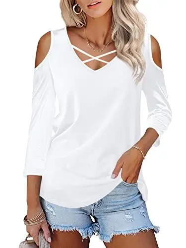 Produktbild: Florboom 3/4 Arm Shirt Damen Longsleeve Tshirt Schulterfrei Oberteil V Ausschnitt Bluse, Weiß XXL