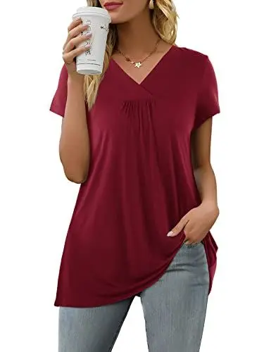 Produktbild: Florboom Bluse Damen Elegant Kurzarm Sommer T Shirts Plissiert Elegant Oberteile Weinrot XXL