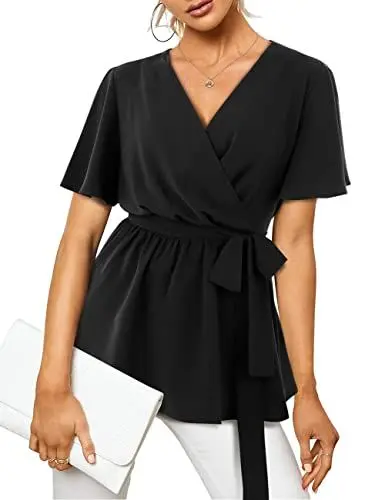 Produktbild: Florboom Elegant Oberteile Damen Peplum Kurzarm Bluse V-Ausschnitt Tunika Top Schwarz M