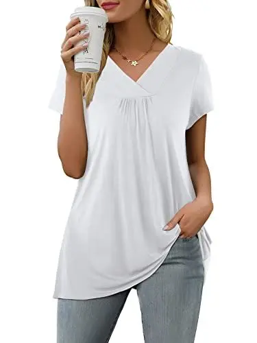 Produktbild: Florboom Blusen Damen Sommer Einfarbiges V Ausschnitt Tuniken Lose Tshirt Weiß M
