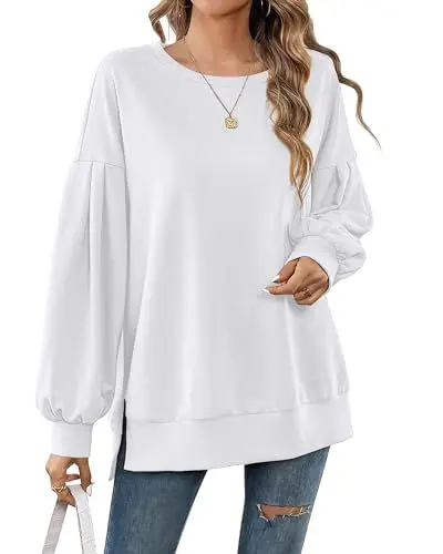Produktbild: Florboom Damen Sweatshirt Lang Pulli Elegant Langarmshirt Shirts Locker Bluse, Weiß XL