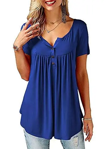 Produktbild: Florboom Damenblusen Kurzarm Sommer Top Elegant Bluse V-Ausschnitt Tunika Longshirt Einfarbige Blau XXL