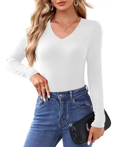 Produktbild: Florboom Langarmshirt Damen V Ausschnitt Oberteile Pullover Rippshirt Tunika, Weiß L