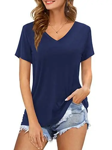 Produktbild: Florboom Oberteile Damen V-Ausschnitt Shirt Kurzarm Bluse Sommer Lässige Tunika Longshirt Dunkelblau M