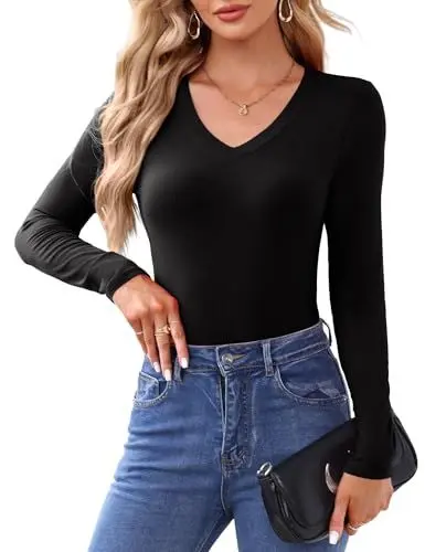 Produktbild: Florboom Pullover Damen Langarm V-Ausschnitt Rippshirt Slim Fit T-Shirt Herbst Oberteile, Schwarz S