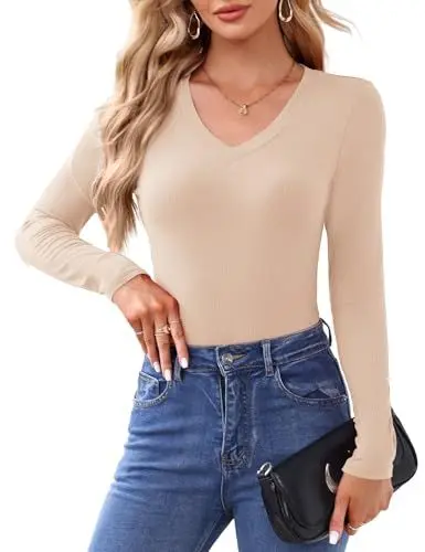 Produktbild: Florboom T-Shirt Damen V-Ausschnitt Slim Fit Langarm Shirt Herbst Oberteile, Aprikose S