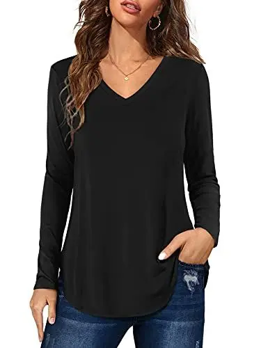 Produktbild: Florboom Tshirt Damen Langarm Shirts V Ausschnitt Oberteil Lang T-Shirts Casual Longshirt Schwarz XL