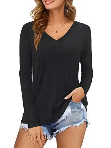Produktbild: Florboom Tunika Damen Langarmshirt V-Ausschnitt Oberteil Shirts Casual Longshirt Schwarz M
