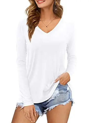 Produktbild: Florboom Tshirt Damen Oberteil Locker V-Ausschnitt Shirt Langarm Tops Elegant Bluse Weiß M