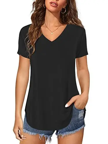 Produktbild: Florboom Bluse Schwarz Damen Kurzarm Tshirt V Ausschnitt Shirt Sommer Oberteile Lang, Schwarz L