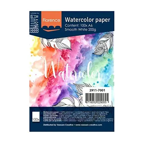 Produktbild: Florence 2911-7001 Vaessen Creative Aquarellpapier, A6, Weiß, 200 g/m² Glattes Papier, 100 Blatt für Aquarellmalerei, Handlettering und Brush Lettering, Canvas, stück