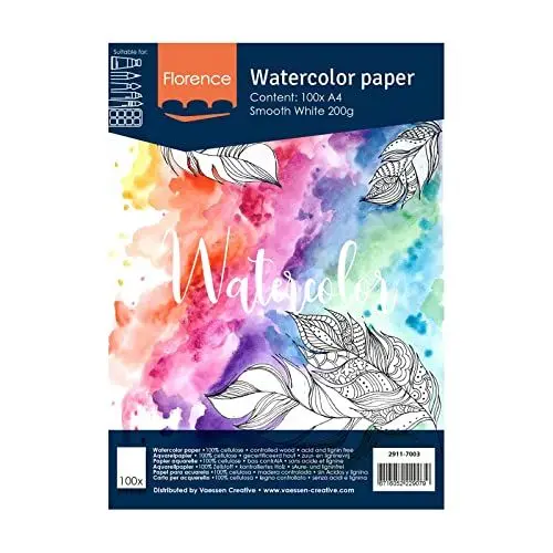Produktbild: Florence 2911-7003 Vaessen Creative Aquarellpapier, A4, Weiß, 200 g/m² Glattes Papier, 100 Blatt für Aquarellmalerei, Handlettering und Brush Lettering, stück