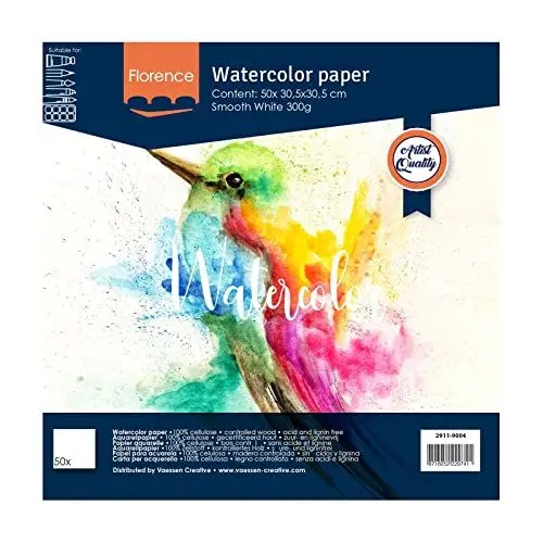 Produktbild: Florence Aquarellpapier Glatt - Zeichenblock für Aquarellfarben 30,5 x 30,5 cm - Weiß - Malblock für Wasserfarben - Künstlerbedarf und Scrabooking - 300 gsm