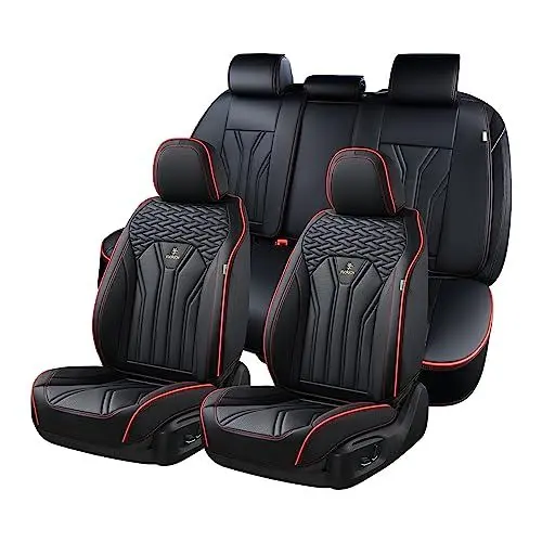 Produktbild: FLORICH Autositzbezüge Kunstleder, Vorder- und Rücksitzbezüge, 5 Stück, komplettes Set, universell passend für die meisten Autos, Limousinen, SUVs und LKWs, schwarz