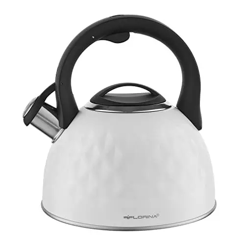 Produktbild: FLORINA Wasserkessel (2,5 l) I Edelstahl Teekessel DIAMANTE I Flötenkessel mit Silikongriff I Wasserkocher für Induktionsherd, Gasherd und Elektroherd I Farbe: Weiß