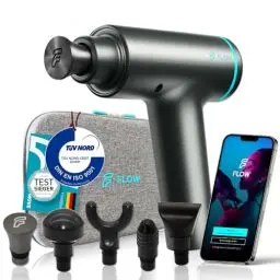 Produktbild: FLOW® MOVE Massagepistole. TÜV zertifizierte Qualität mit 5 Massageköpfen & 4 Massagestufen USB-C Ladeanschluss 12mm Amplitude Ultra leise Massagegun Muskel Massagegerät Muskelpistole