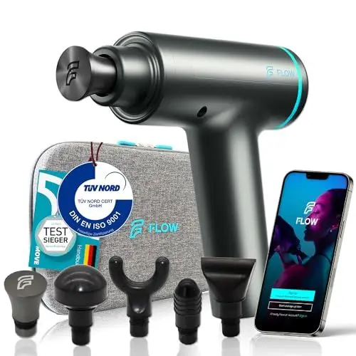 Produktbild: FLOW® MOVE Massagepistole. TÜV zertifizierte Qualität mit 5 Massageköpfen & 4 Massagestufen USB-C Ladeanschluss 12mm Amplitude Ultra leise Massagegun Muskel Massagegerät Muskelpistole