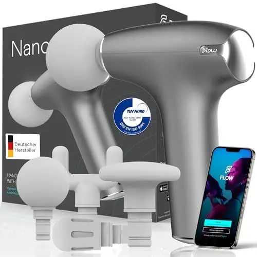 Produktbild: Flow® NANO Massagepistole. TÜV geprüftes Mini Muskel Massagegerät gegen Verspannungen Vibrationsmassage & Wärmefunktion Kleine Massage Gun 310g leicht handlich und ultra leise