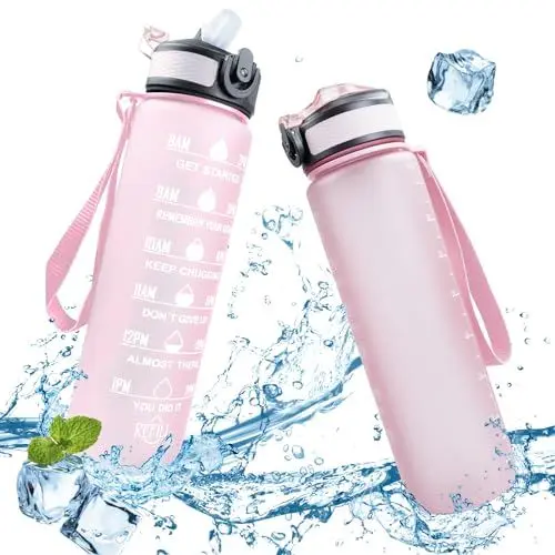 Produktbild: flowgoer Sport-Wasserflasche 1L Tritan BPA-frei | Auslaufsicher mit Strohhalm & Zeitmarkierung | Trageriemen, Fitnessstudio & Outdoor (Rosa)