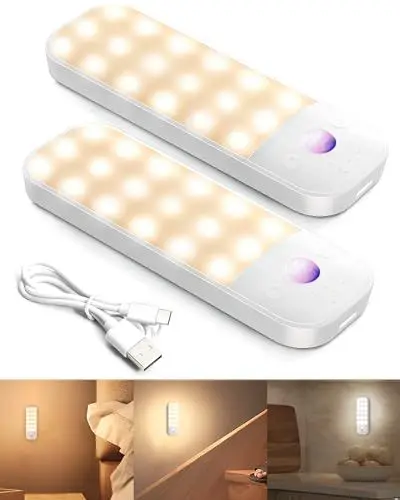 Produktbild: FLOWood Nachtlicht mit Bewegungsmelder, 2 Stück 36 Led lampe , Aufladbar Typ-C-Ladeanschluss mit 3 Modi, innen für Kinderzimmer Treppe Flur Küche Nachttisch Schrank