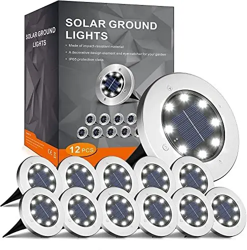 Produktbild: FLOWood Solar Bodenleuchte Solarleuchte für Garten Solar Außenleuchte 8 LEDs wasserdicht Edelstahl + Kunststoff 12 Stk