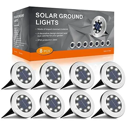 Produktbild: FLOWood Solar Bodenleuchte Solarleuchte für Garten Solar Außenleuchte 8 LEDs wasserdicht Edelstahl + Kunststoff 8 Stk (Energieklasse A+)