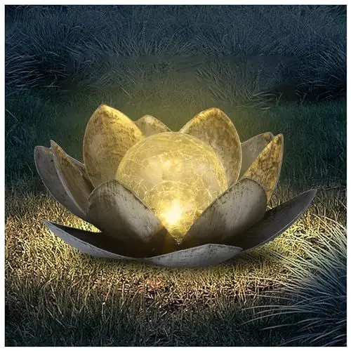 Produktbild: FLOWood Solarlampen für Außen Garten Lotus, Gartendeko für Draußen Lotusblten mit Crack Glas Kugel, Garten Geschenke für Frauen(Silber)