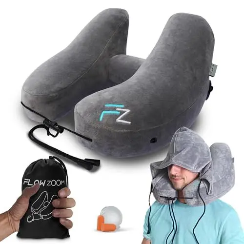 Produktbild: FLOWZOOM Air Nackenkissen Flugzeug – H-Design Reisekissen für 5 Schlafpositionen, schnell aufblasbar & druckregulierbar – Nackenhörnchen mit Abnehmbarer Kapuze & weichem Plüschbezug – Größe L, Grau