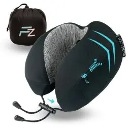Produktbild: FLOWZOOM Dream Nackenkissen mit extra seitlicher Stütze - Reisekissen Flugzeug aus Memoryfoam - Nackenhörnchen mit Variable einstellbarem Klettverschluss, Seitentasche & Reisebeutel - Schwarz
