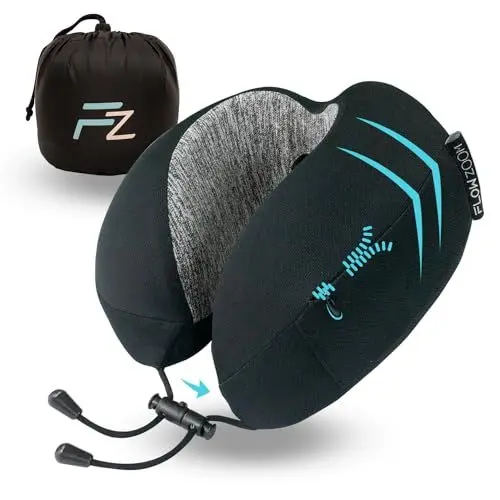 Produktbild: FLOWZOOM Dream Nackenkissen mit extra seitlicher Stütze - Reisekissen Flugzeug aus Memoryfoam - Nackenhörnchen mit Variable einstellbarem Klettverschluss, Seitentasche & Reisebeutel - Schwarz