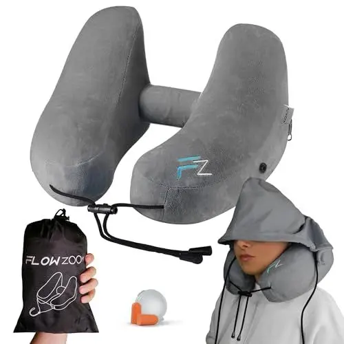 Produktbild: FLOWZOOM Air Nackenkissen Flugzeug – H-Design Reisekissen für 5 Schlafpositionen, schnell aufblasbar & druckregulierbar – Nackenhörnchen mit Abnehmbarer Kapuze & weichem Plüschbezug – Größe M, Grau