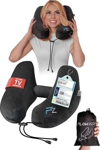 Produktbild: FLOWZOOM Air Nackenkissen Flugzeug – H-Design Reisekissen für 5 Schlafpositionen, schnell aufblasbar & druckregulierbar – Nackenhörnchen mit abnehmbarer Kapuze & weichem Plüschbezug – Größe M, Schwarz